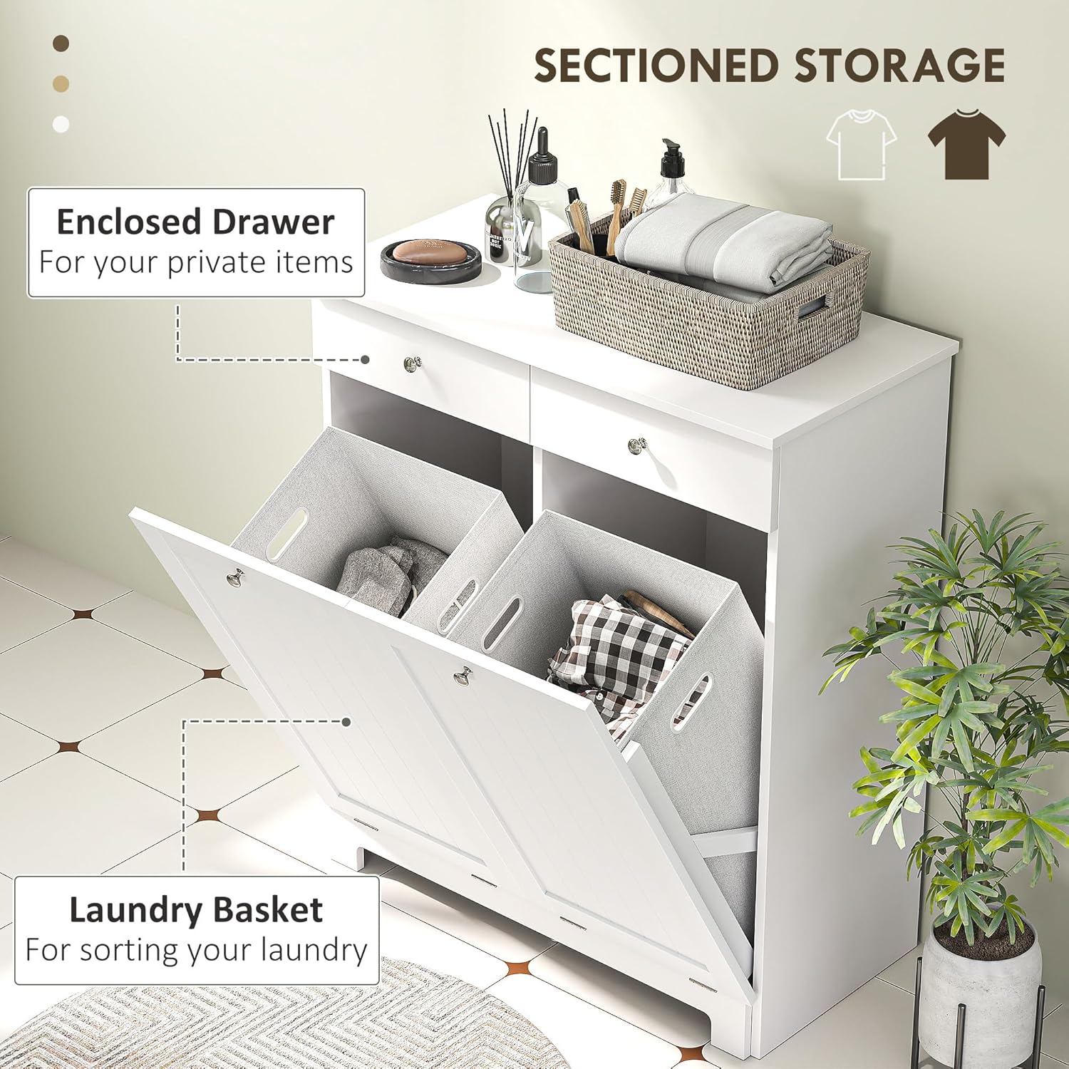 HOMCOM Laundry Hamper Cabinet with 2 Removable Baskets, Tilt Out Laundry Hamper Cabinet with 2 Drawers and 2 Beadboard Doors, Laundry Cabinet Bathroom Storage Cabinet, White - NestledHome