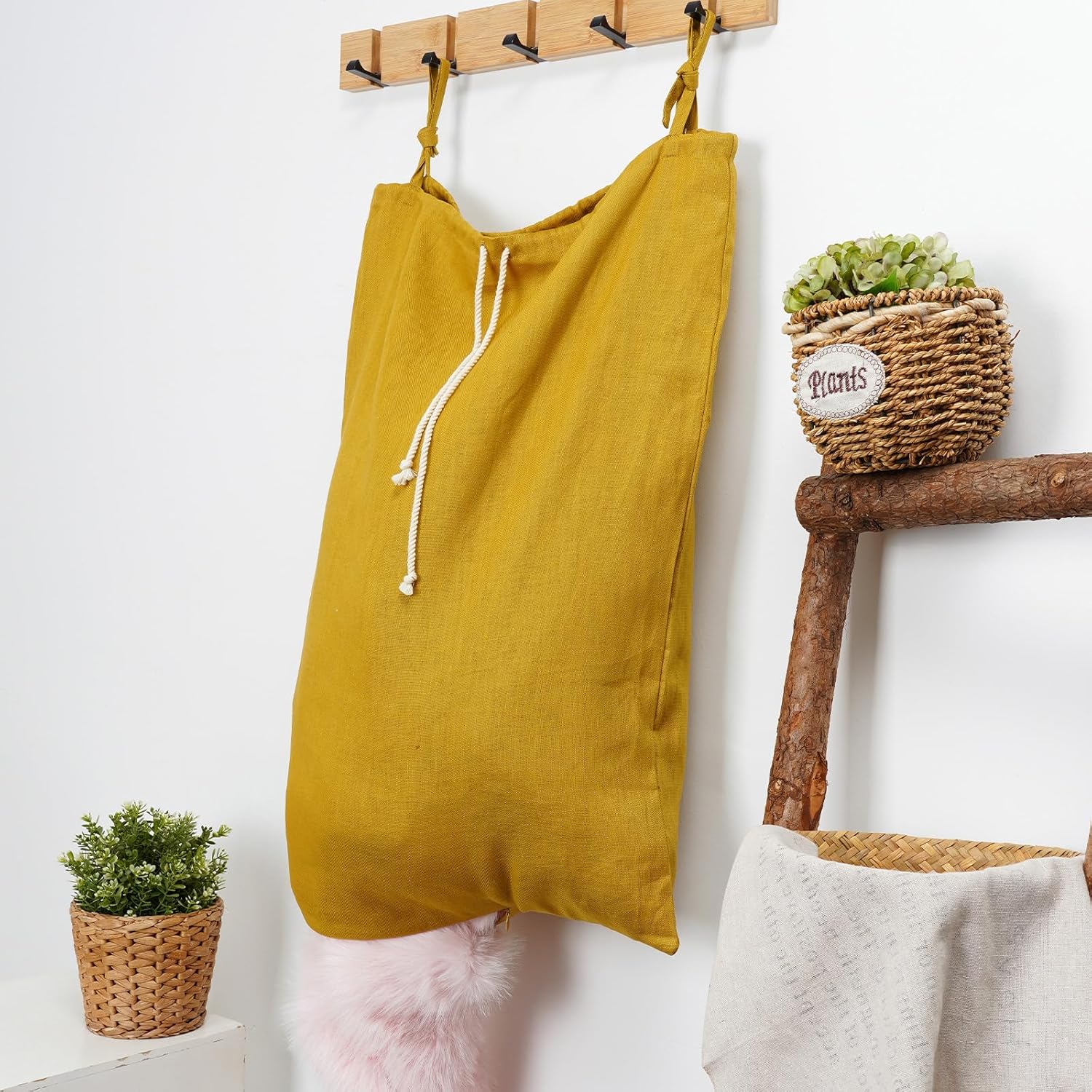 Linen Hanging Laundry Bag, Over The Door Laundry Hamper for Dirty Clothes, Drawstring Closure with Bottom Zipper, Turmeric - NestledHome