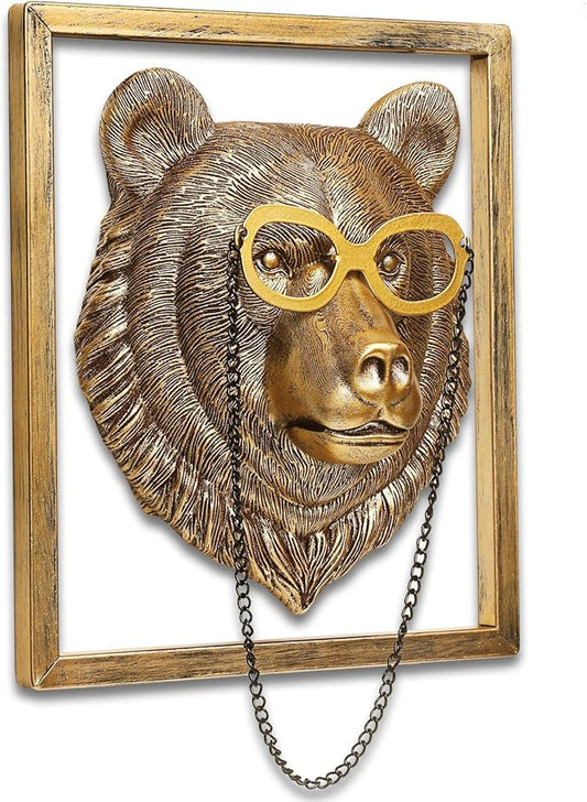 Newinhome Animal Heads Wall Decor (Includes Metal Frame) Resin Animals Sculptures Head Wall Hanging Decoration Gold vintage Wall Sculpture for Living Room Bedroom Office(Bear)