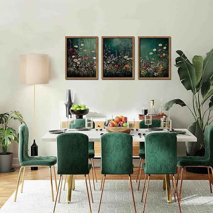 Vintage Wildflower Wall Art Set of 3, Moody Dark Green Flower Botanical Wall Decor Paintings,Nature Floral Farmhouse Landscape Posters Prints Pictures for Living Room Bedroom 16x24 Inch Wood Framed