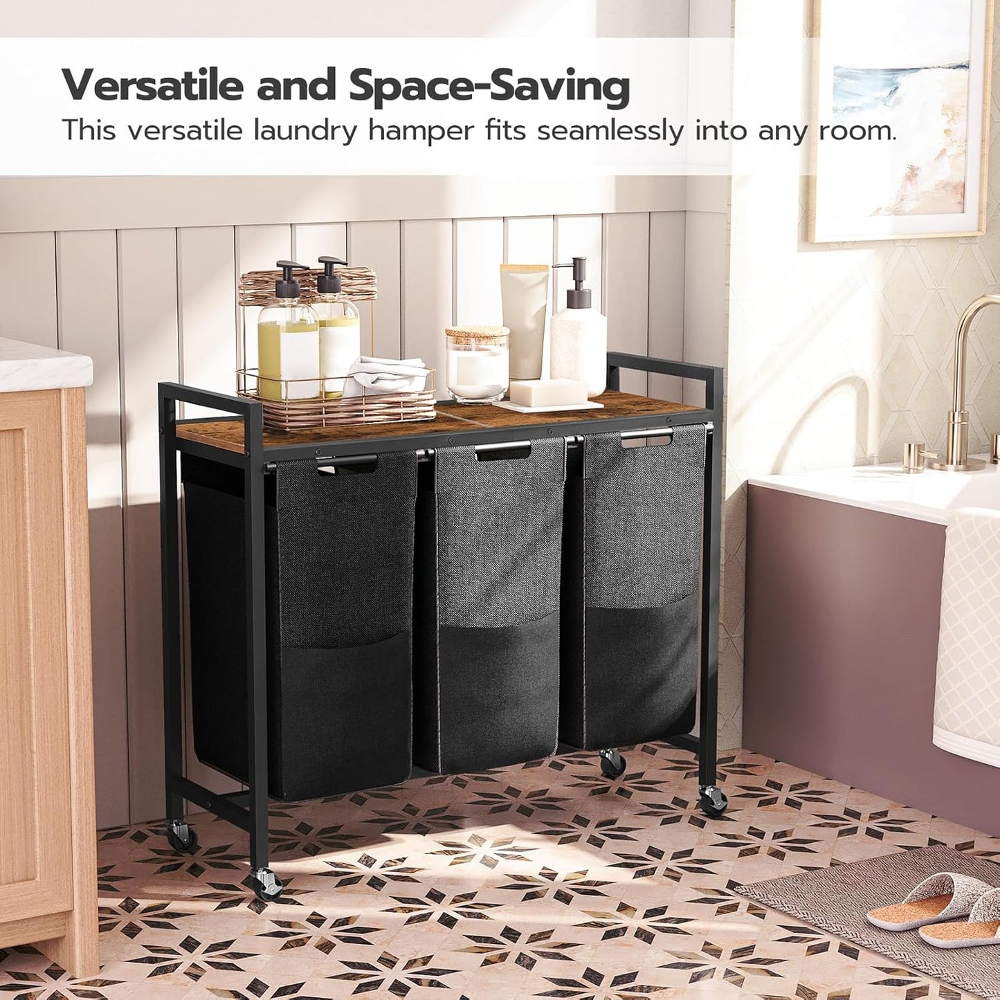 HOOBRO Laundry Sorter 3 Section, Laundry Hamper with Wheels, 3 × 11.5 Gal (43.5 L), Rolling Laundry Basket, Pull-Out and Removable Oxford Fabric Laundry Bags, Rustic Brown and Black BF76XY01 - NestledHome