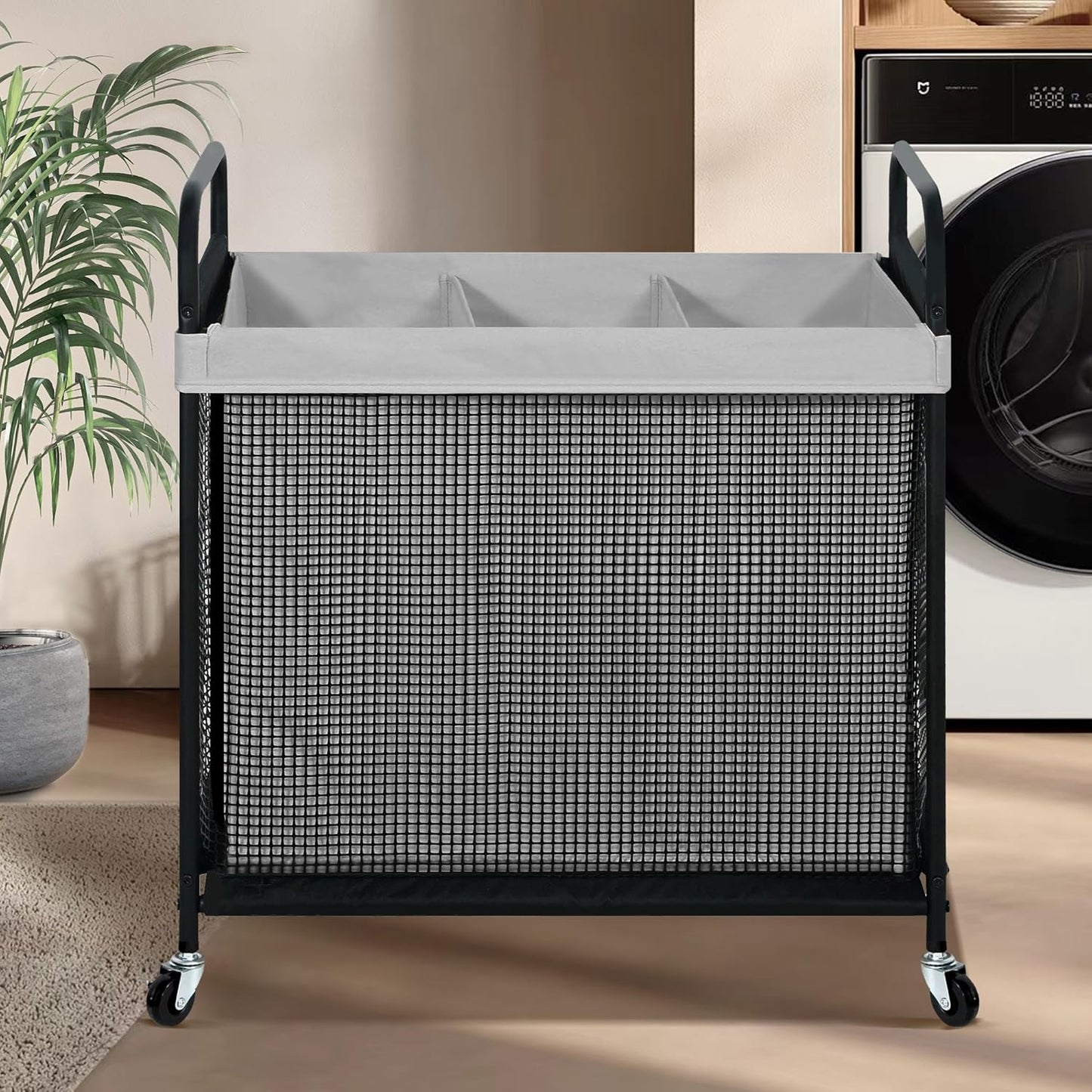 STO STO Laundry Hamper 3 Section, 120L Rolling Laundry Sorter Cart with Removable and Washable Liner Bag, Rolling Clothes Hamper with Metal Handle for Laundry Room and Bedroom, Gray - NestledHome