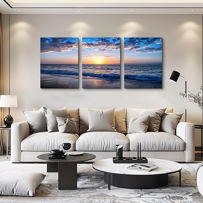 Canvas Wall Art For Living Room Sunrise Blue Sea View Landscape Wall Decor Canvas Prints Artwork Ocean Ready To Hang For Modern Bedroom Bathroom Office Home Decoration 20" X 28" 3 Pieces Framed Panels