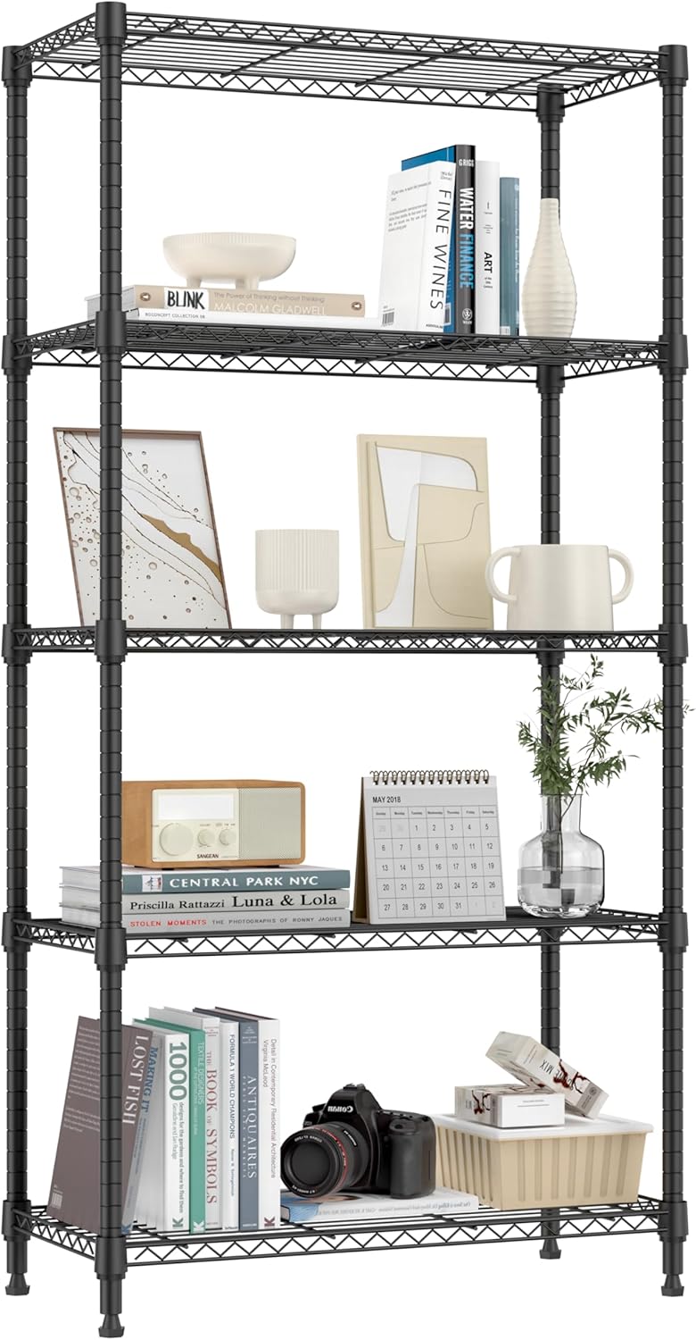 1250 lbs 5 Tier Shelf Metal Storage Shelves Shelving Wire Rack Heavy Duty Closet Organizers for Garage Kitchen Bathroom Laundry Black 13.8" D x 29.5" W x 59.5" H - NestledHome