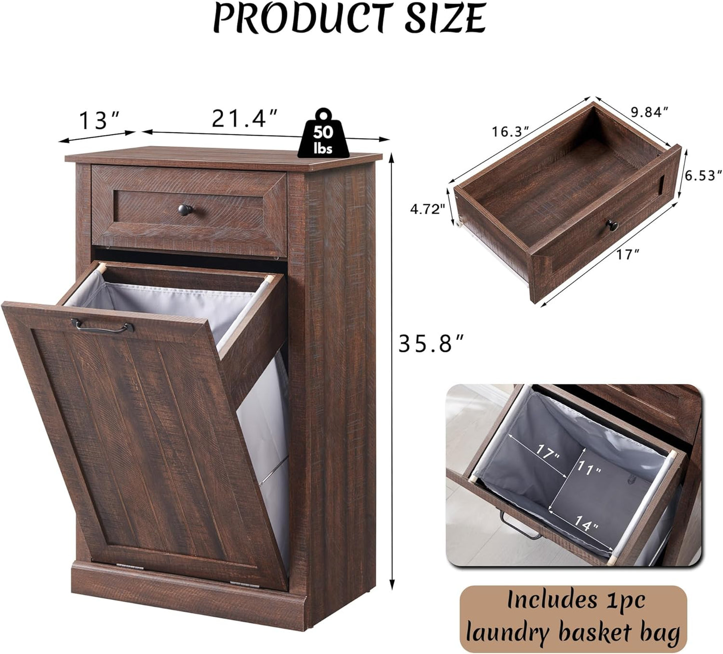 Tilt Out Laundry Hamper Cabinet, 10 Gallon Farmhouse Trash Can Cabinet with Drawer, Hidden Wood Garbage Can Bin Cabinet with Laundry Storage Basket for Bathroom, Kitchen, Brown - NestledHome