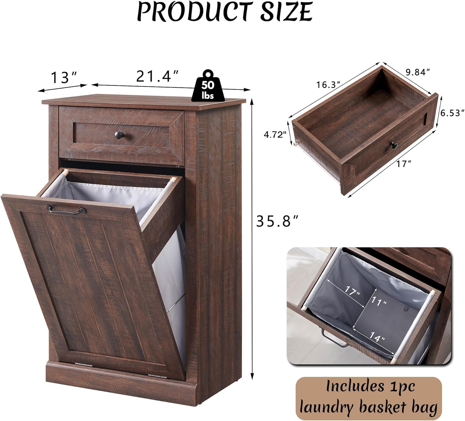 Tilt Out Laundry Hamper Cabinet, 10 Gallon Farmhouse Trash Can Cabinet with Drawer, Hidden Wood Garbage Can Bin Cabinet with Laundry Storage Basket for Bathroom, Kitchen, Brown - NestledHome