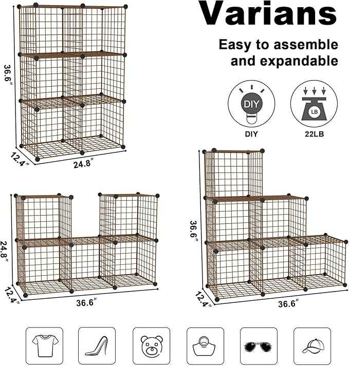 C&AHOME Wire Cube Storage, 6 - Cube Organizer Metal C Grids, Modular Shelves Units, Closet Organizer, Ideal for Home, Office, Living Room, 36.6”L x 12.4”W 36.6”H, Brown UWCS3006R