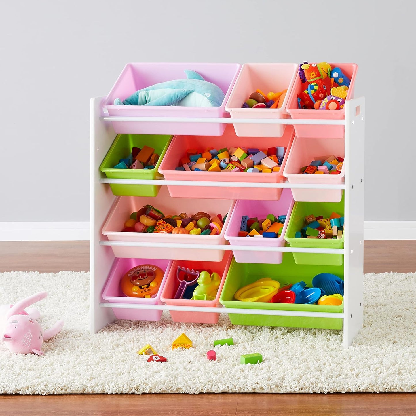 Amazon Basics Kids Toy Storage Organizer With 12 Plastic Bins, White Wood With Pink Bins, 10.9" D x 33.6" W x 31.1" H - NestledHome