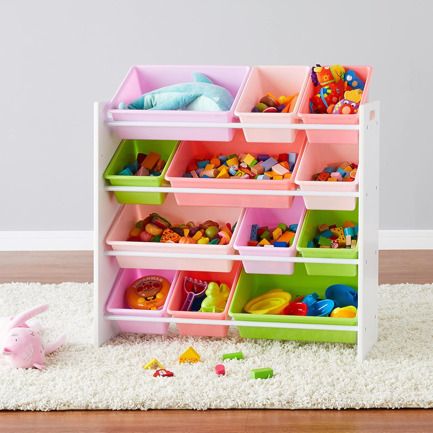 Amazon Basics Kids Toy Storage Organizer With 12 Plastic Bins, White Wood With Pink Bins, 10.9" D x 33.6" W x 31.1" H - NestledHome