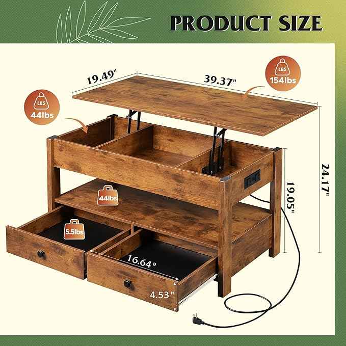 WLIVE Coffee Table, Lift Top Coffee Table with Drawers, LED Light, Large Storage and Open Shelf, Lift Tabletop for Living Room, Rustic Brown