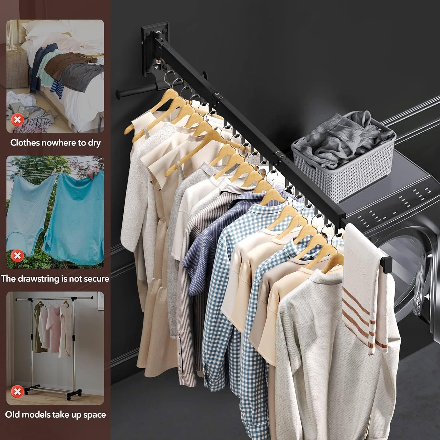 Wall Mounted Clothes Hanger,Clothes Drying Rack,Laundry Drying Rack,Drying Rack Clothing,Laundry Hanger Rack,Retractable Dryer Racks,Collapsible, Aluminum,can be Fold Upward & Left & Right - NestledHome