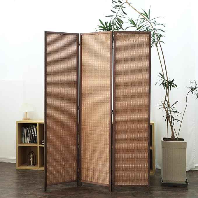 3 Panel Bamboo Room Divider and Folding Panel Screen,Bamboo Panel Divider for Room Separation,Brown,67" H x 46" W