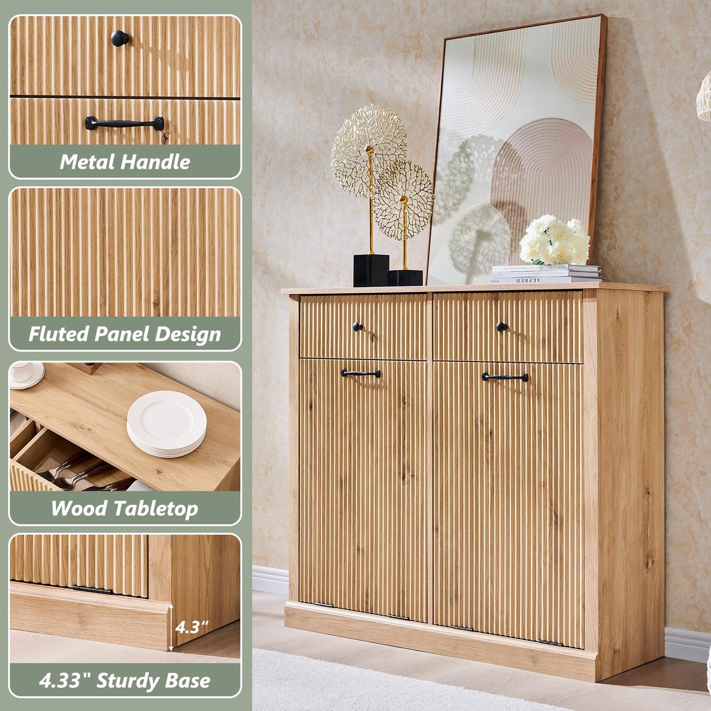 Modern Double Tilt-Out Trash Cabinet, 20 Gallon Fluted Laundry Hamper Cabinet with 2 Drawers, Wooden Hidden Garbage Can Cabinet with Storage Basket for Kitchen & Living Room, Natural Oak - NestledHome