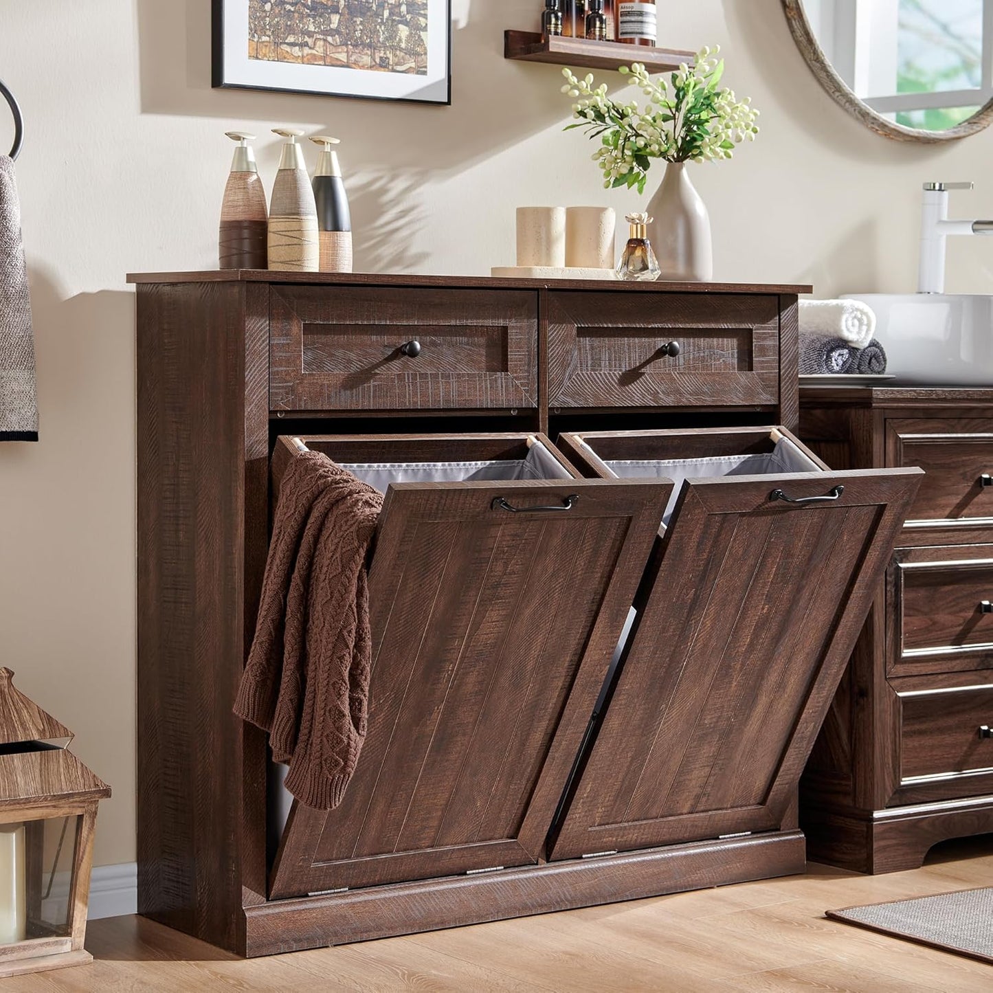 Double Tilt Out Laundry Hamper Cabinet, 20 Gallon Farmhouse Trash Can Cabinet with Drawer, Hidden Wood Garbage Can Bin Cabinet with Laundry Storage Basket for Bathroom, Kitchen, Brown - NestledHome