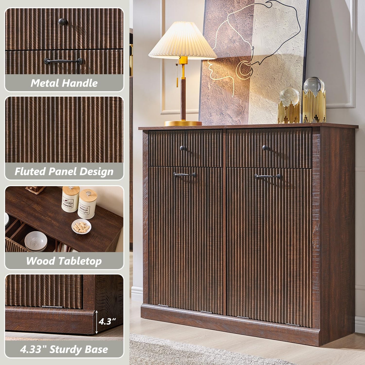 Modern Double Tilt-Out Trash Cabinet, 20 Gallon Fluted Laundry Hamper Cabinet with 2 Drawers, Wooden Hidden Garbage Can Cabinet w/Storage Basket,Free Standing for Kitchen & Living Room, Brown - NestledHome