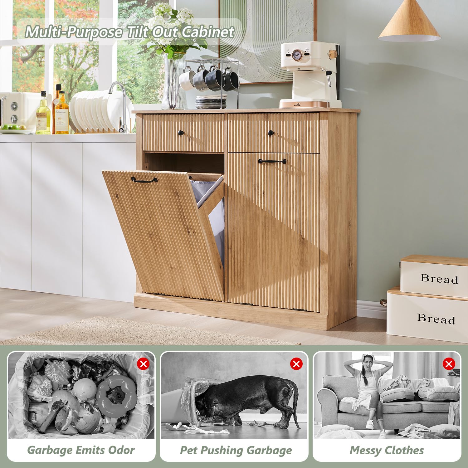 Modern Double Tilt-Out Trash Cabinet, 20 Gallon Fluted Laundry Hamper Cabinet with 2 Drawers, Wooden Hidden Garbage Can Cabinet with Storage Basket for Kitchen & Living Room, Natural Oak - NestledHome