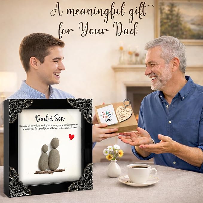 Dads Gifts from Son, 5.5" Pebble Art Frame Dad & Son Plaque, Heart Wooden Keychain, Thank You Card, Best Dad Ever Gift Set, Fathers Day Presents, Valentines Birthday Gift for Daddy S200-55