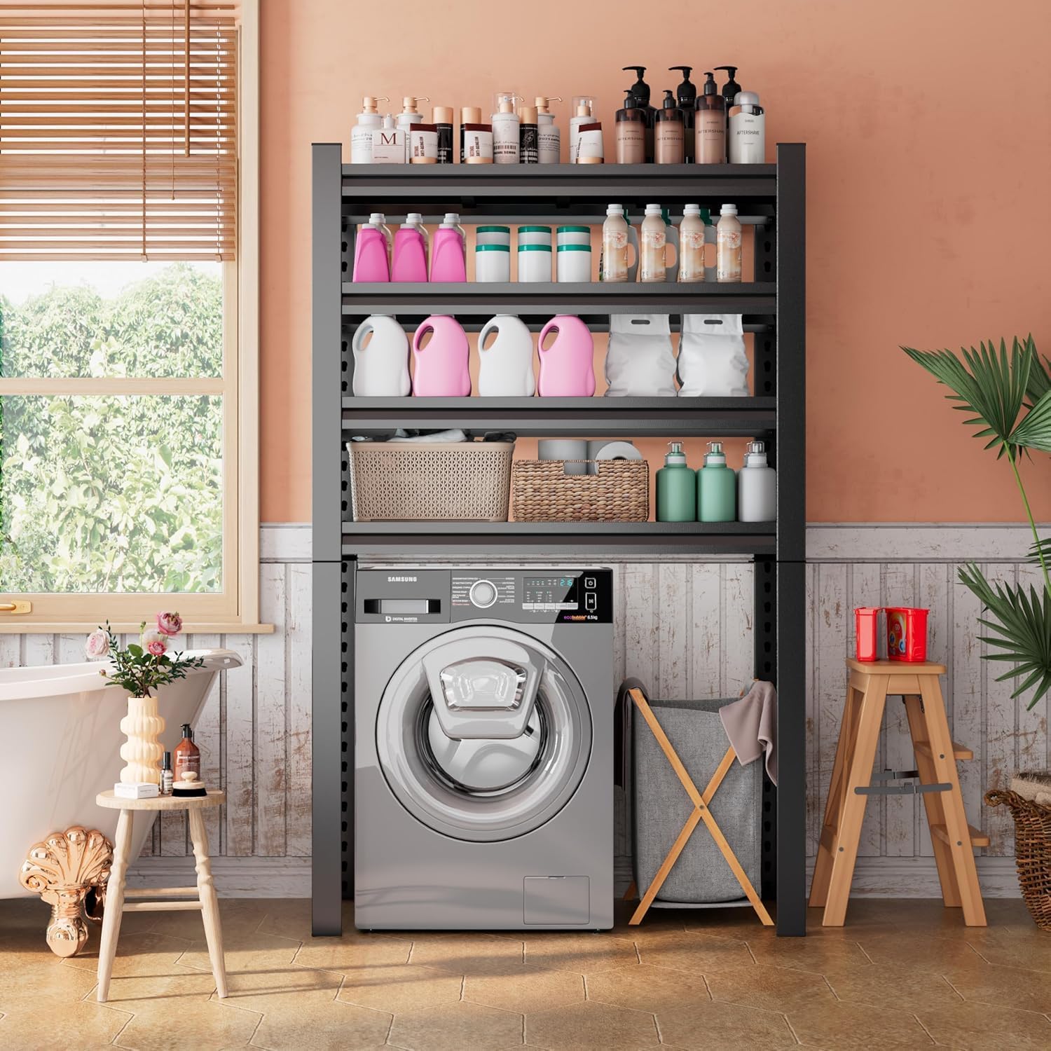 Over Washer and Dryer Shelves,4 Tiers Laundry Room Standing Shelf,Laundry Room Storage Organization,Adjustable Metal Shelving Unit,35" W x 12" D x 63" H, Black - NestledHome
