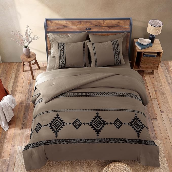 MaiRêve Embroidery King Size Comforter Set Taupe Grey, Boho Farmhouse Western Bedding Set 7 Pieces, All Season Bed in A Bag Comforter Set with Sheets, Pillowcases & Shams