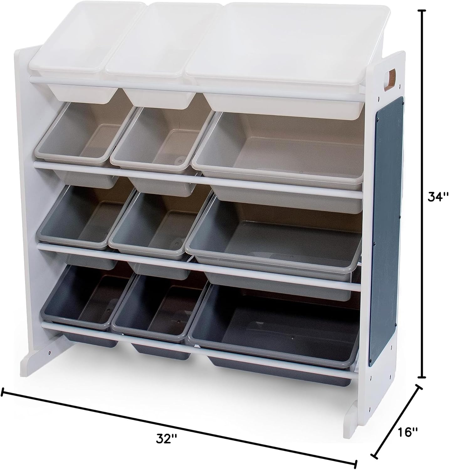 12-Bin Toy Organizer – White/Grey Gradient Ombre Frame with Chalkboard, Eraser & Chalk, Multi-Tier Storage for Kids' Playrooms and Nurseries - NestledHome
