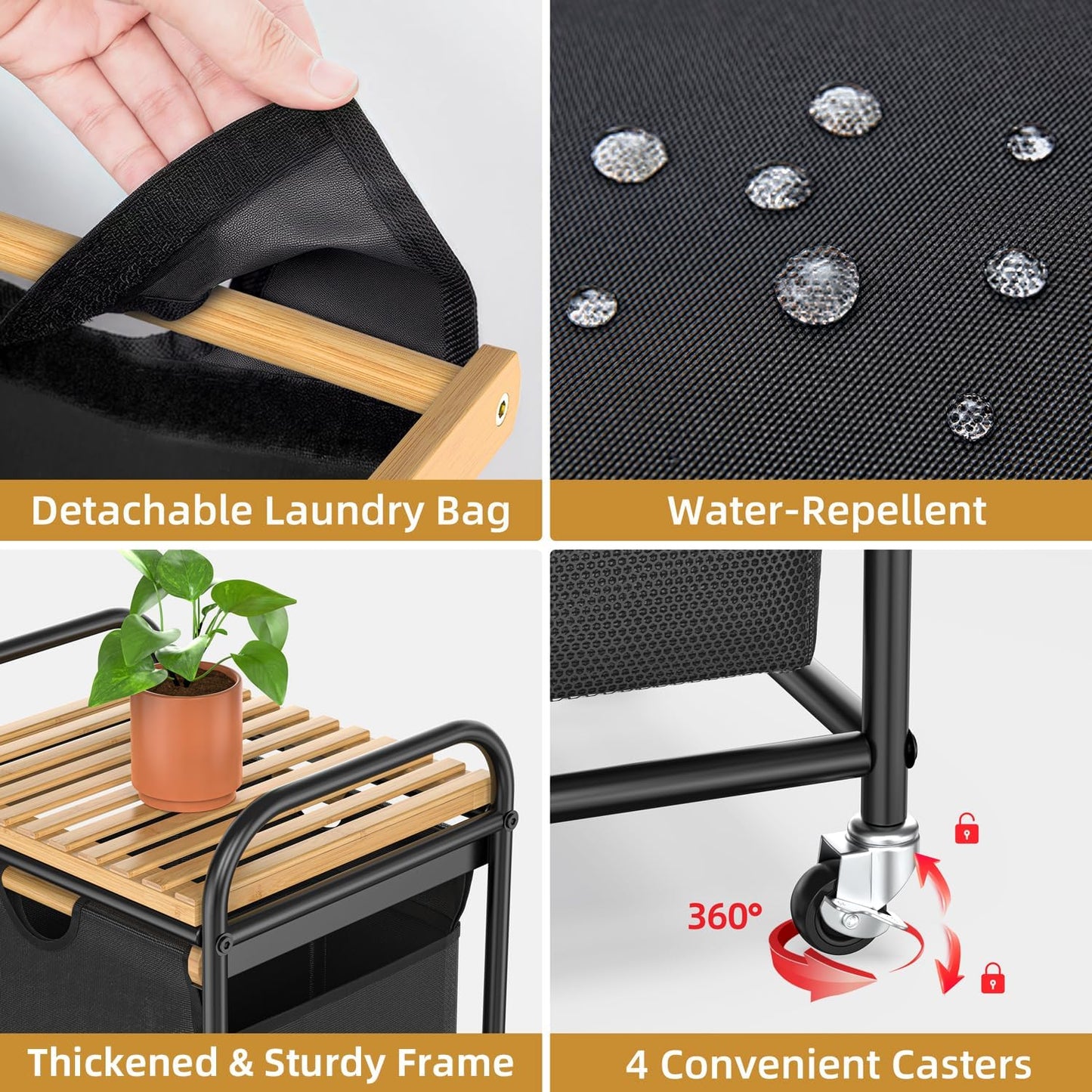Laundry Hampers 1 Section, Laundry Sorter with Removable Shelf and Pull-Out Bags, Clothes Hampers with Wheels Rolling Cart Basket for Laundry Room Bathroom, 50 L (Black) - NestledHome