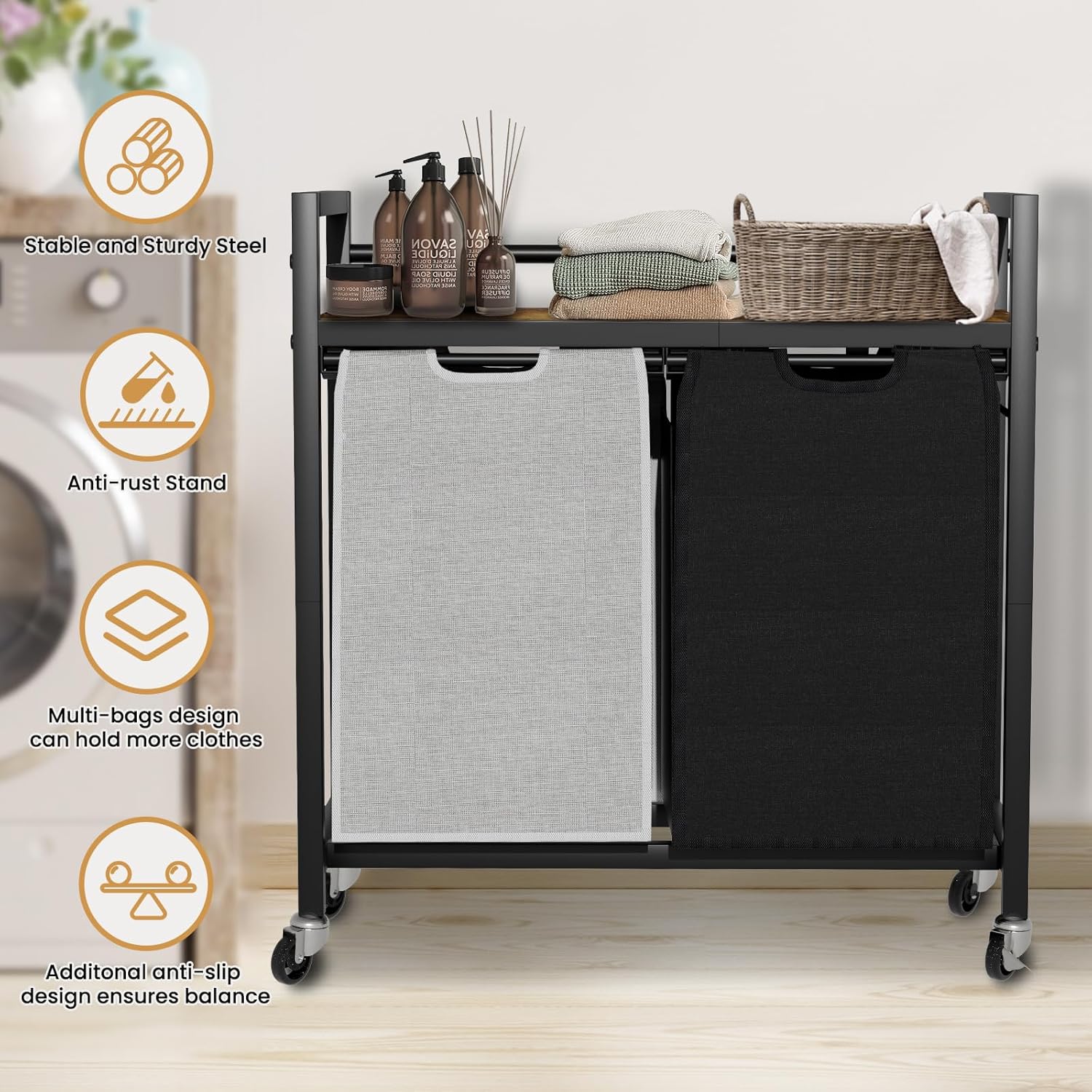 Laundry Hamper, Laundry Basket, Laundry Sorter with 2 Removable Bags, Clothes Basket with 2 Compartments, Wheels, Shelf for Laundry Room Bathroom Bedroom (2 Bags-Black Grey) - NestledHome