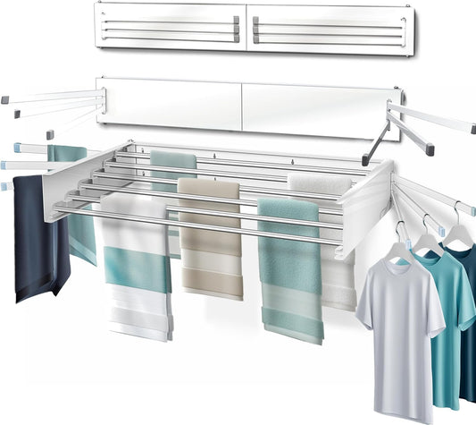 MODERN-X Wall Mounted Clothes Drying Rack with 6 Swivel arms, 35”Wide, 26 Linear ft of Laundry Drying Rack Space, 6 Collapsible Aluminum rods, 2X Drying Capacity, Space Organizer Holds up to 60lbs - NestledHome