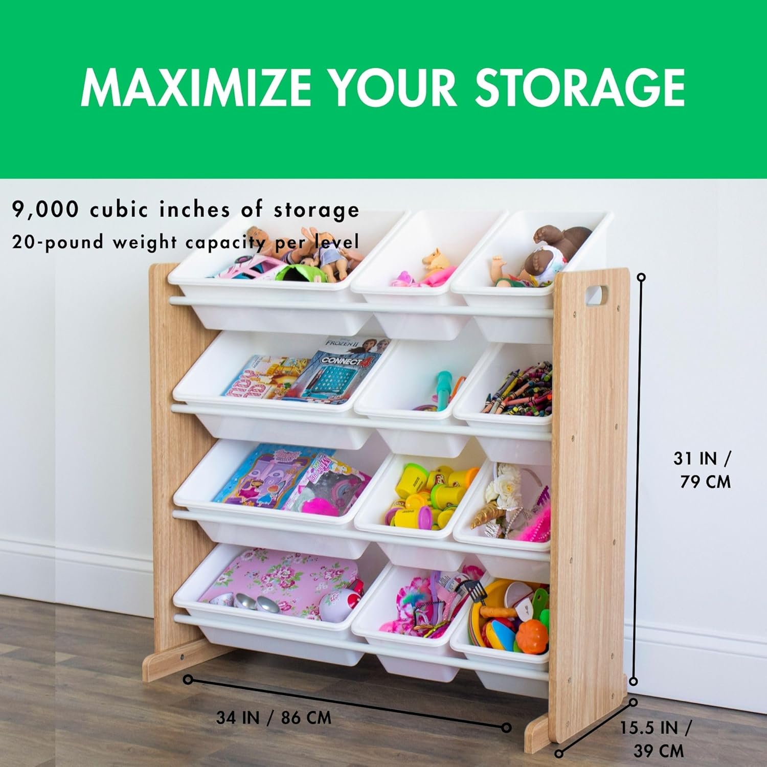Humble Crew Kids Toy Storage Organizer with 12 Plastic Bins, Natural Wood/White – Removable Bins for Playroom, Bedroom, Toddler Furniture for Boys and Girls Ages - NestledHome