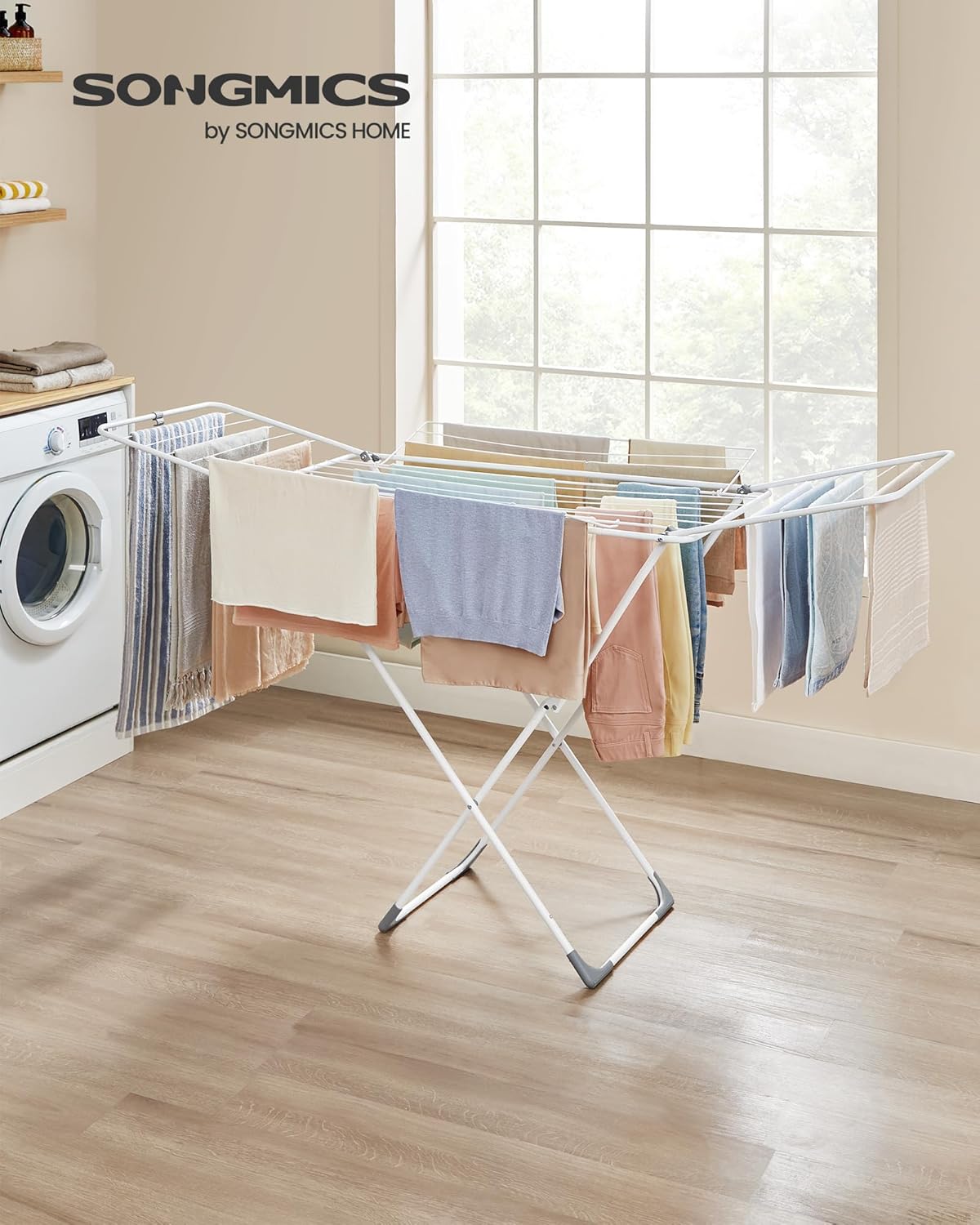 SONGMICS Clothes Drying Rack, Metal Laundry Drying Rack, Foldable, Space-Saving, Free-Standing Airer, with 4 Gullwings, Indoor Outdoor Use, Bed Linen Clothing, White ULLR541W01 - NestledHome