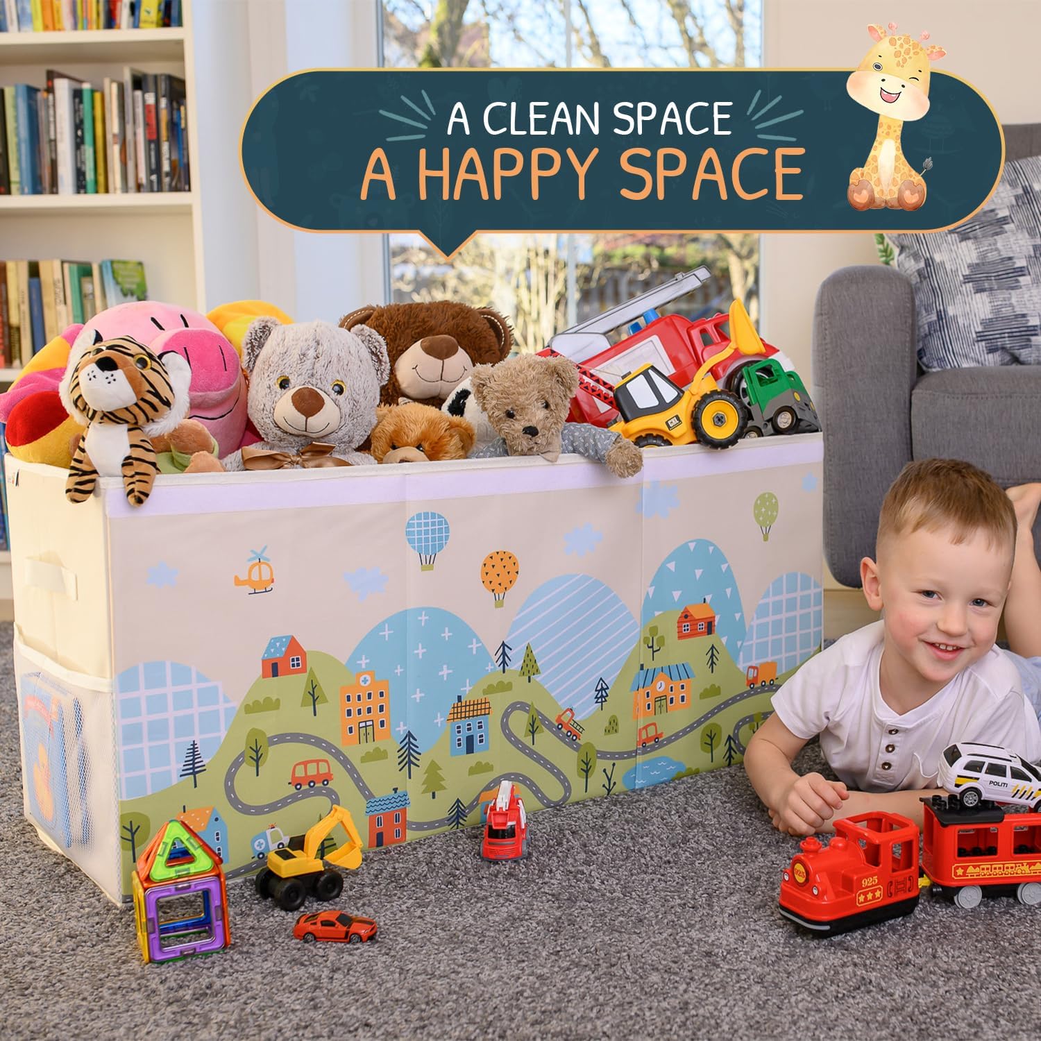 Extra Large Toy Storage Organizer with Lid - Sturdy, Collapsible Toy Chest Storage Box with Cute Design - Toys Bin with Dividers for Kids, Boys, Girls, Nursery, Bedroom, Play room 37"x16"x14" - NestledHome