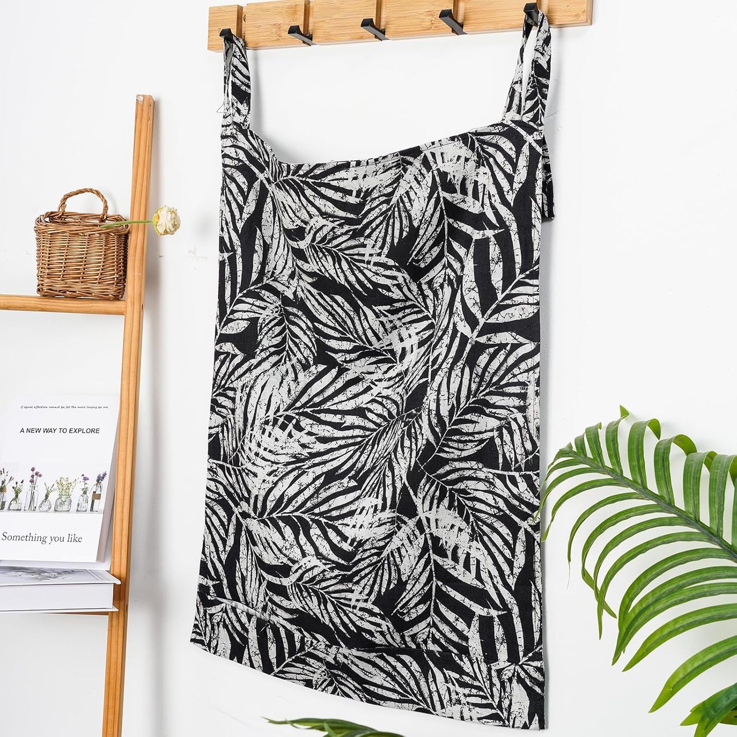 Linen Hanging Laundry Bag, 100% Linen Leaf Print Over The Door Laundry Hamper with Buttons and Zipper, Space Saving Door Hampers for Laundry Dirty Clothes Home Travel, Black, 19.7x27.5inches - NestledHome