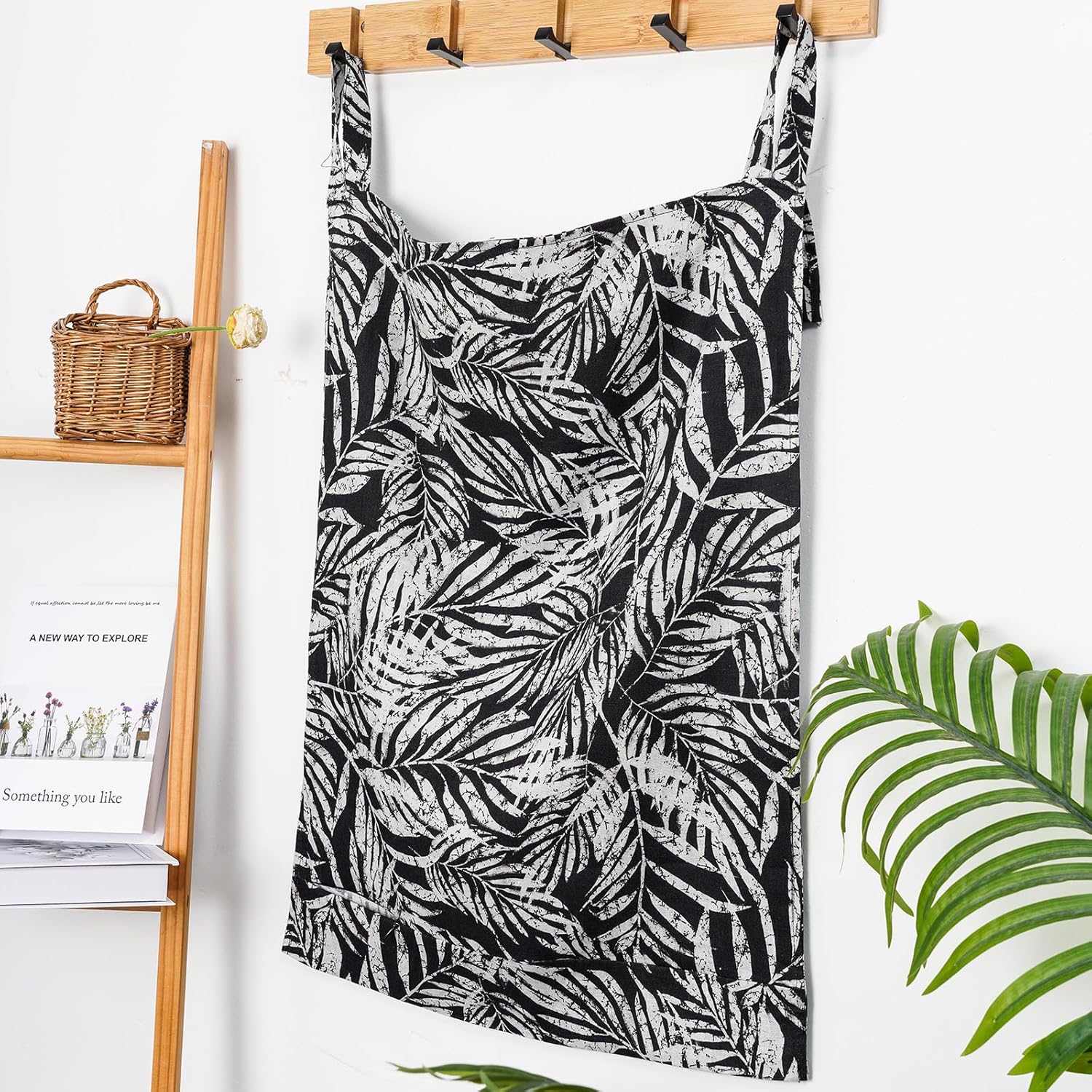 Linen Hanging Laundry Bag, 100% Linen Leaf Print Over The Door Laundry Hamper with Buttons and Zipper, Space Saving Door Hampers for Laundry Dirty Clothes Home Travel, Black, 19.7x27.5inches - NestledHome
