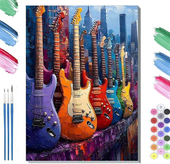 Paint by Numbers Kit for Adults Framed, Colorful Electric Guitars with City Skyline, DIY Oil Painting, Pre-Printed Canvas Wall Art Home Decor Gift, 16x20inch Framed, 24 Colors