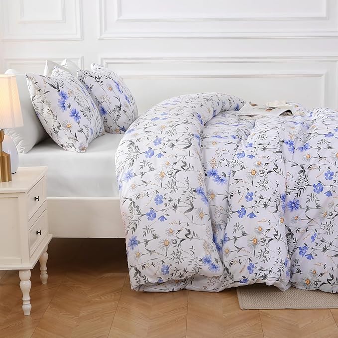 MUXHOMO Blossom Blue Full Comforter Set, Elegant Floral Print Bed in a Bag 7 Pieces, Ultra Soft & Breathable Reversible Botanical Pattern Bedding Set with Comforter, Sheets, Pillowcases, and Shams
