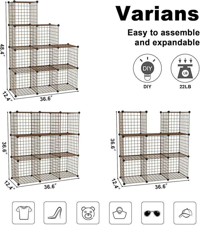 C&AHOME Wire Cube Storage, 9 - Cube Organizer Metal C Grids, Modular Shelves Units, Closet Organizer, Ideal for Home, Office, Living Room, 36.6”L x 12.4”W x 48.4”H, Brown UWCS3009R