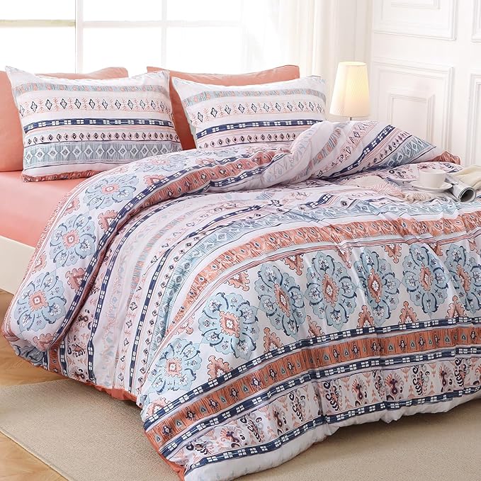 MUXHOMO Boho Pink Full Comforter Set, Elegant Floral Print Bed in a Bag 7 Pieces, Ultra Soft & Breathable Reversible Botanical Pattern Bedding Set with Comforter, Sheets, Pillowcases, and Shams