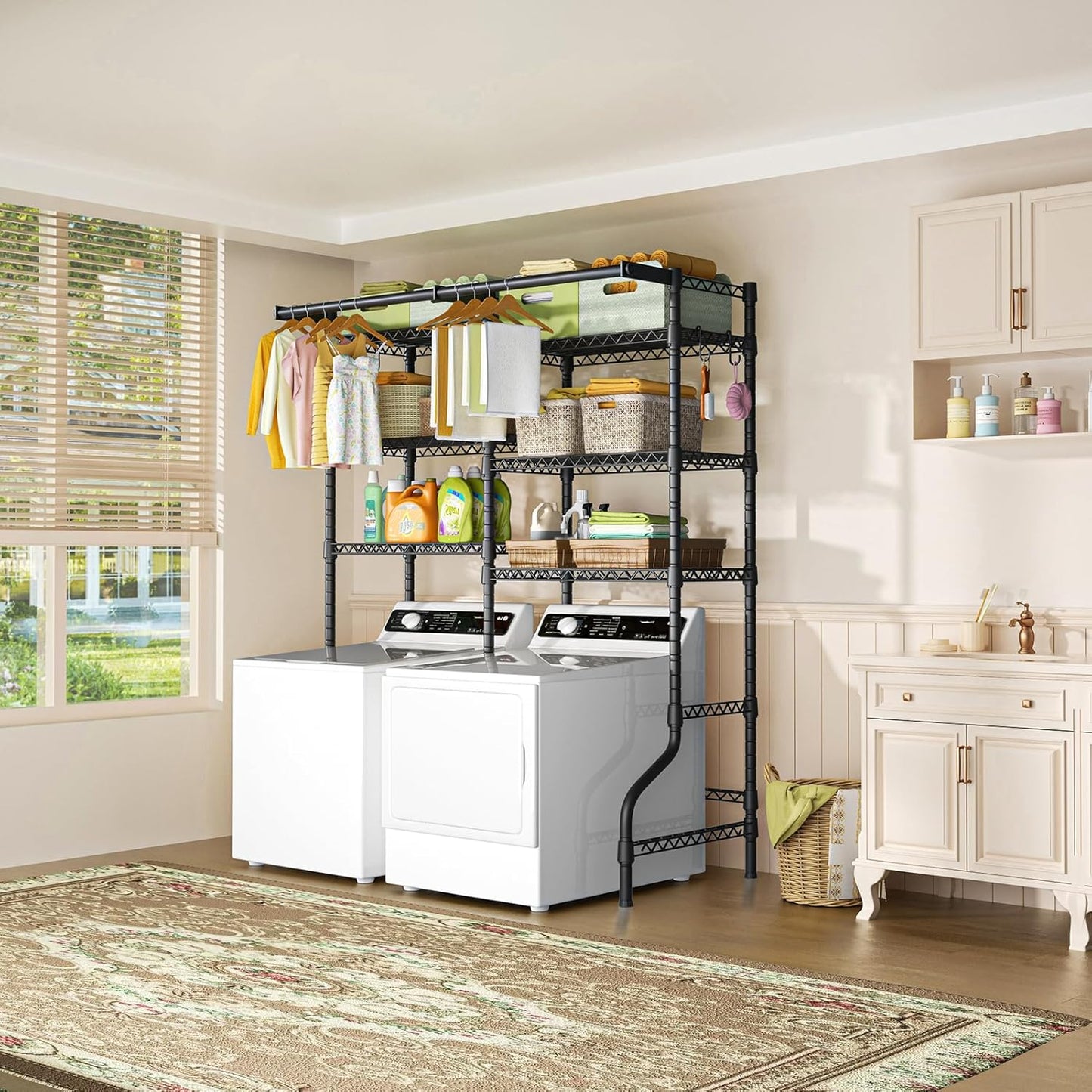 Ulif U13 Over Washer and Dryer Storage Shelves, 6 Tiers Laundry Room Standing Shelf with 2 Hanger Rods, Space Saver Clothes Drying Rack, 63.4" W x 22" D x 77.4" H, Black - NestledHome