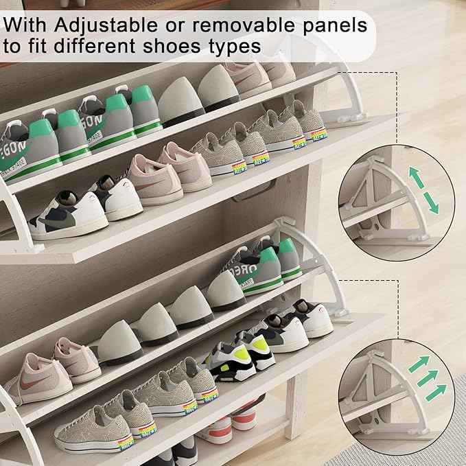 Vabches Shoe Storage Cabinet, Farmhouse Freestanding Organizer with 2 Flip Drawers, Wooden Hidden Narrow Slim Shoe Rack Cabinet for Entryway, Hallway, Foyer, White