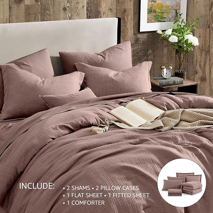 Geniospin Full Comforter Set - 7 Pieces Comforter Full Size, Solid Bedding Sets for All Season, Textured Bed in a Bag with Sheets, Pillowcases and Shams (Misty Rose, 80''x90'')