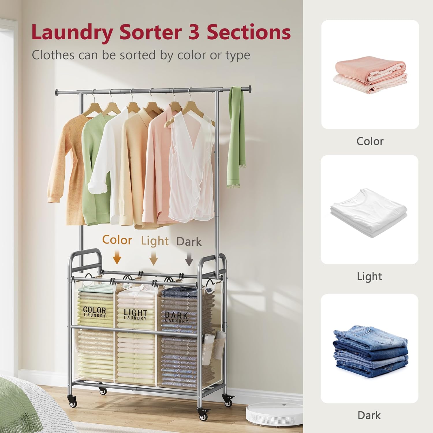 Tajsoon Laundry Hamper with Hanging Rack, 3 Section Laundry Sorter with Heavy Duty Lockable Wheels, Laundry Basket Organizer for Dirty Clothes Storage, 3 Beige - NestledHome