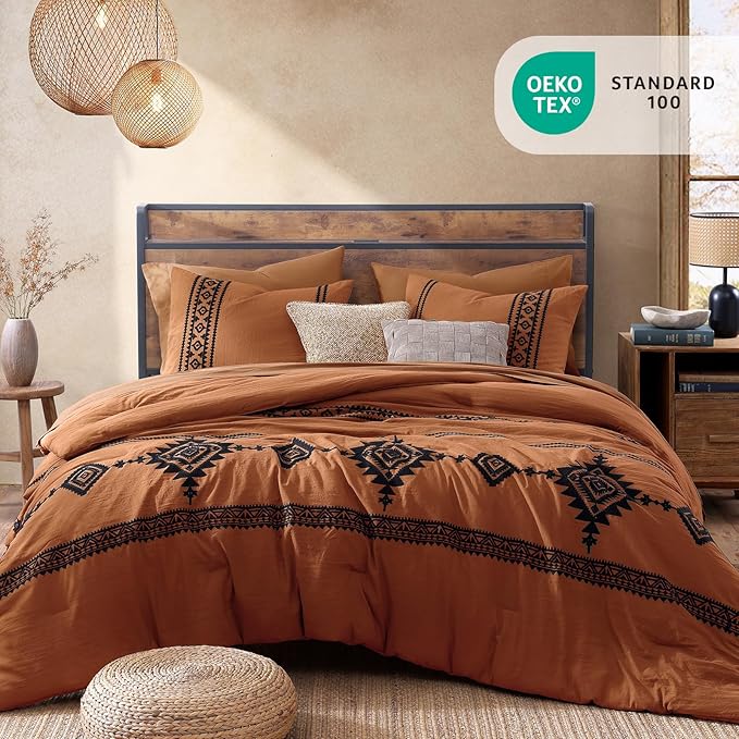 MaiRêve Embroidery Comforter Set, Boho Farmhouse Western Bedding Set, All Season Bed in A Bag Comforter Set with Sheets, Pillowcases & Shams, Burnt Orange King 7 Pieces