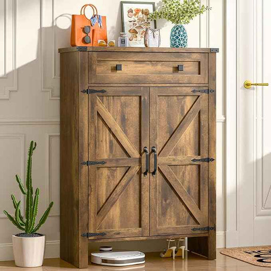 Shoe Storage Cabinet, 5-Tier Farmhouse Shoe Cabinet with Adjustable Shelves & Drawer, Wooden Shoes Rack Cabinets Storage Organizer with Doors for Entryway, Hallway, Closet, Living Room, Rustic Brown