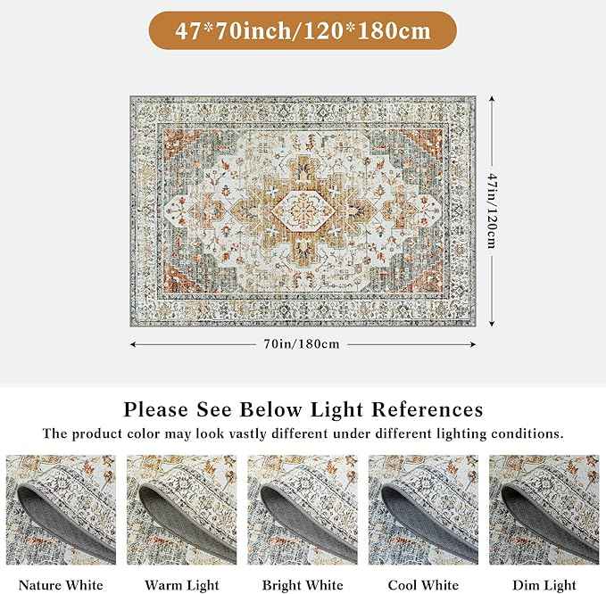 Moynesa Ultra-Thin Washable Area Rug - 4x6 Vintage Living Room Rugs Non-Shed Non Slip, Oriental Low Pile Indoor Accent Floor Carpet for Bathroom Bedroom Laundry Mudroom Entrance, Beige/Gold