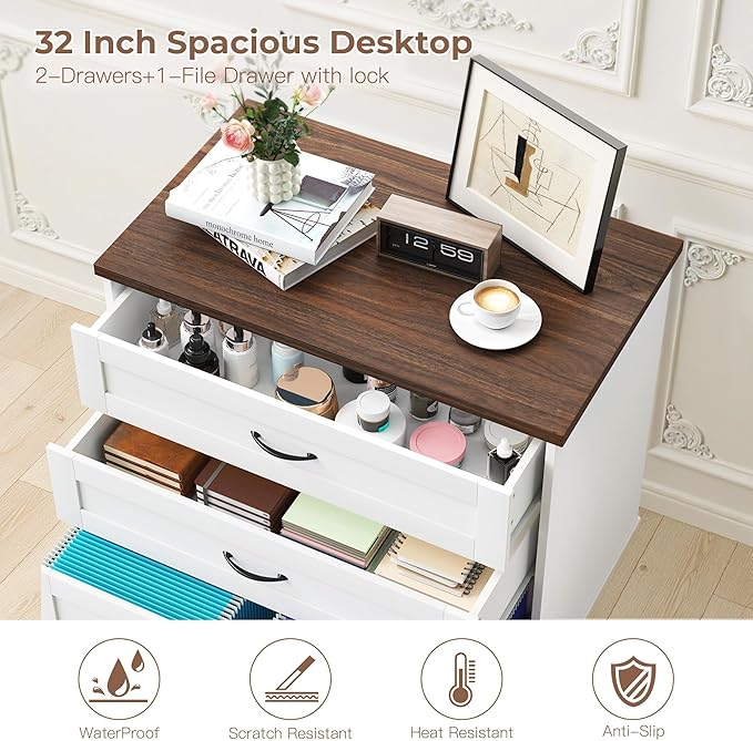3 Drawer File Cabinet 32" Wide Lateral Filing Cabinets with Hanging File Folders for A4 Letter Legal Wood Office Storage Organizer Furniture Printer Stand for Home Office, Living Room（White）
