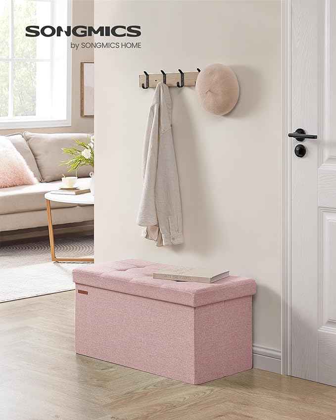 SONGMICS Mazie Collection - 30 Inches Folding Storage Ottoman Bench, Ottoman Foot Rest, End of Bed Bench, Storage Chest, Load 660 lb, for Living Room, Bedroom, Entryway, Jelly Pink ULSF047R11
