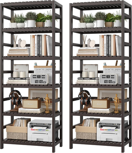 FOTOSOK 6-Tier Bamboo Shelf Set of 2, Bamboo Bookcase with Adjustable Shelves, Free Standing Storage Shelf Unit and Plant Flower Stand, Tall Large Bookshelf for Kitchen, Bathroom, Home Office, Vintage - NestledHome