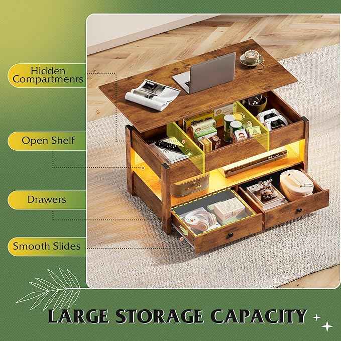 WLIVE Coffee Table, Lift Top Coffee Table with Drawers, LED Light, Large Storage and Open Shelf, Lift Tabletop for Living Room, Rustic Brown