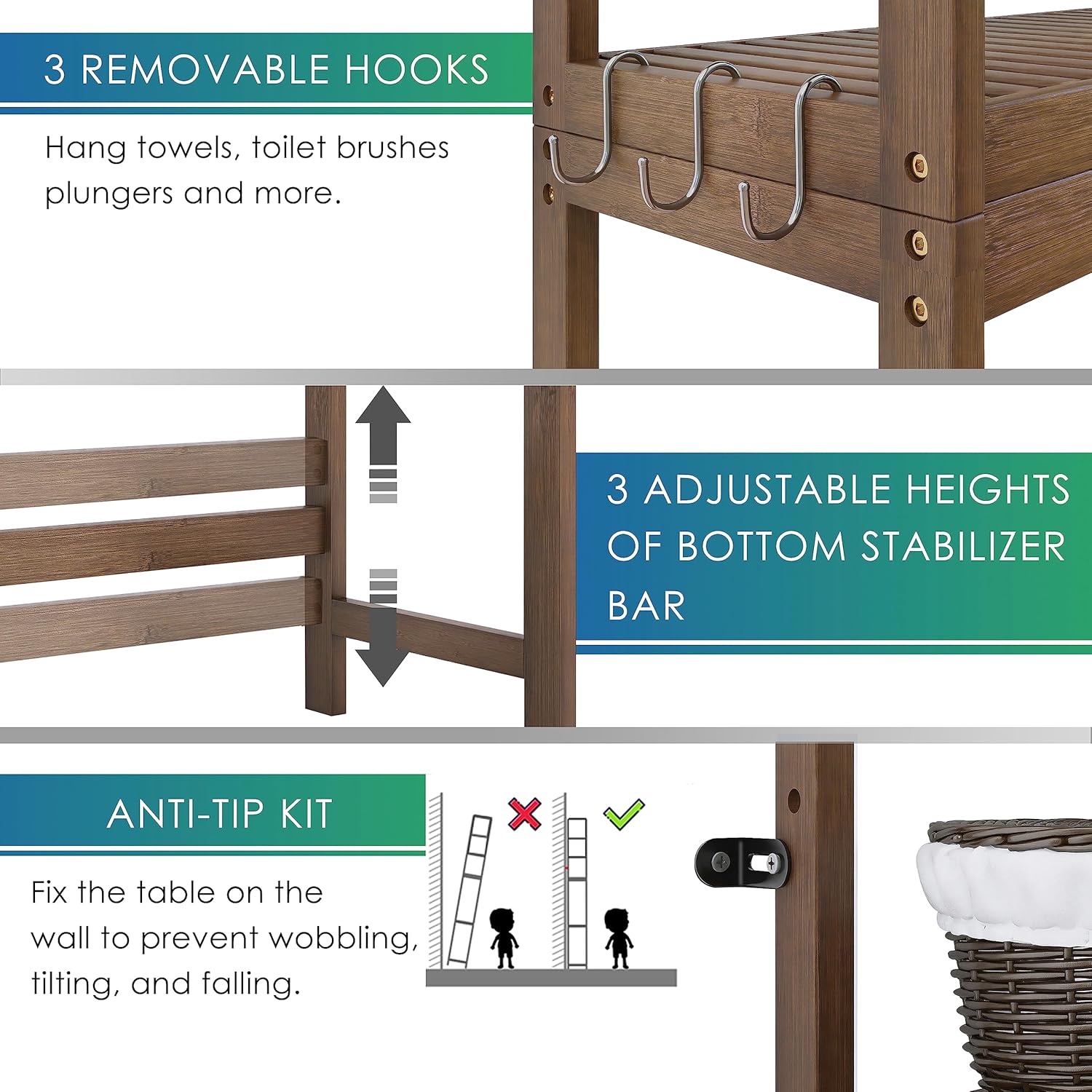 SMIBUY Bathroom Storage Shelf, Bamboo Over-The-Toilet Organizer Rack, Freestanding Toilet Space Saver with 3-Tier Adjustable Shelves (Walnut) - NestledHome