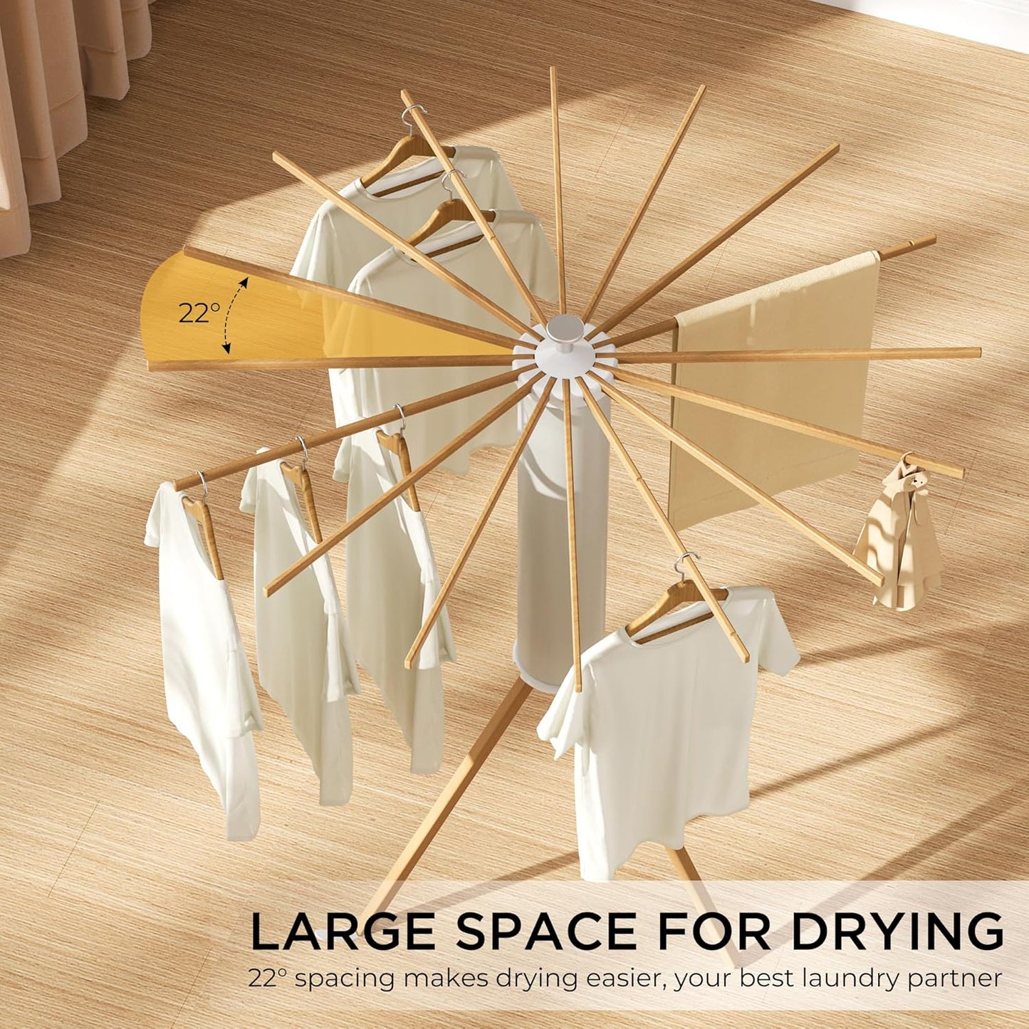 Tripod Clothes Drying Rack, Garment Rack Portable and Foldable Space Saving Laundry Drying Rack - Dryer Rack Clothing Floor Folding Balcony Bedroom Household (Beige(Wood), 16 rods) - NestledHome