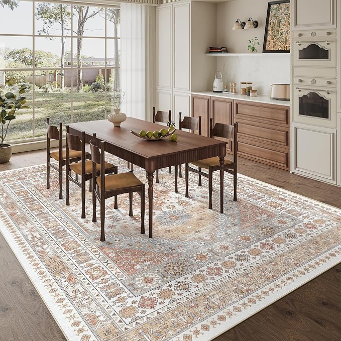 zesthome 8x10 Area Rugs for Living Room,Non-Slip Backing Washable Rugs,Vintage Large Area Rug，Stain Resistant Home Decor Rug (Orange,8'x10')
